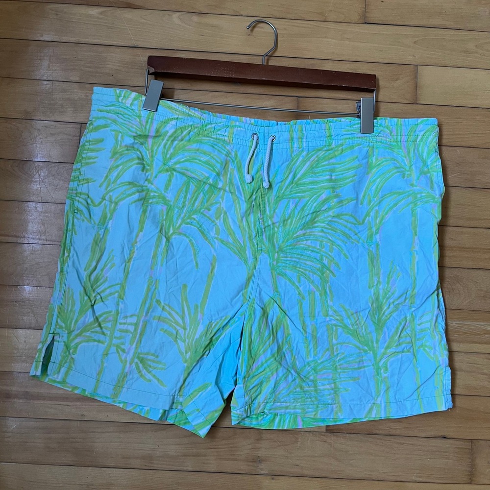 Lilly Pulitzer Mens Stuff Swim Trunks Blue Green Palm Leaf Size Large